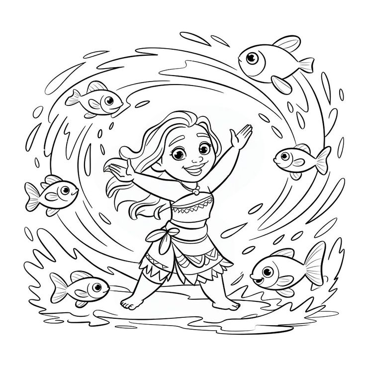 Desenho da Moana dominando a água com peixinhos ao redor, pronta para colorir e se aventurar no mar!