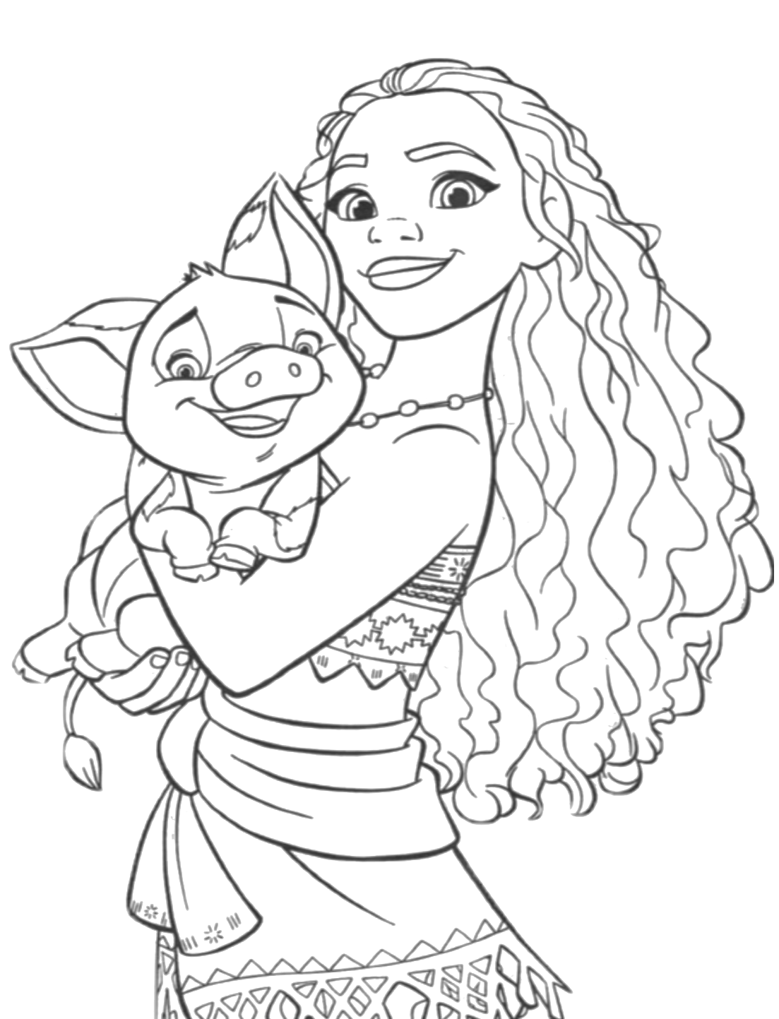 Desenho da Moana abraçando seu amigo Pua, o porquinho rechonchudo, para imprimir e colorir. Reviva a magia da amizade!