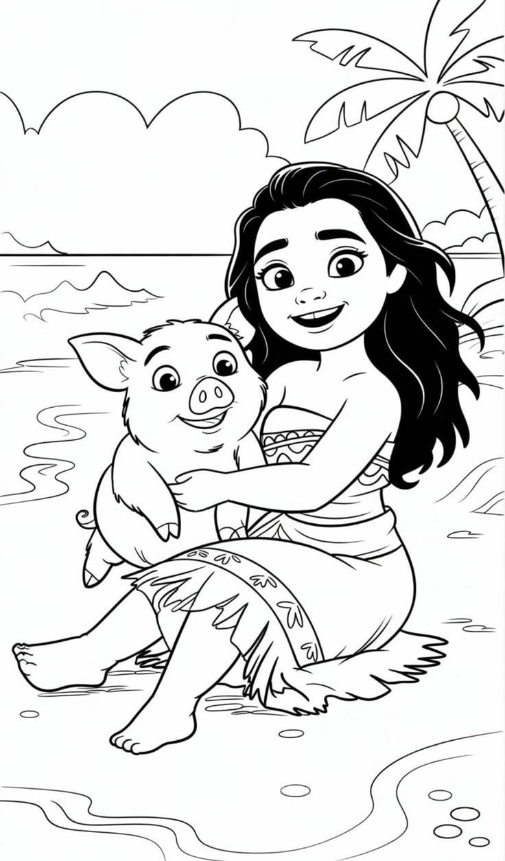 Desenho da Moana sentada com o porquinho Pua no colo, sorrindo em uma praia paradisíaca para colorir e se divertir.