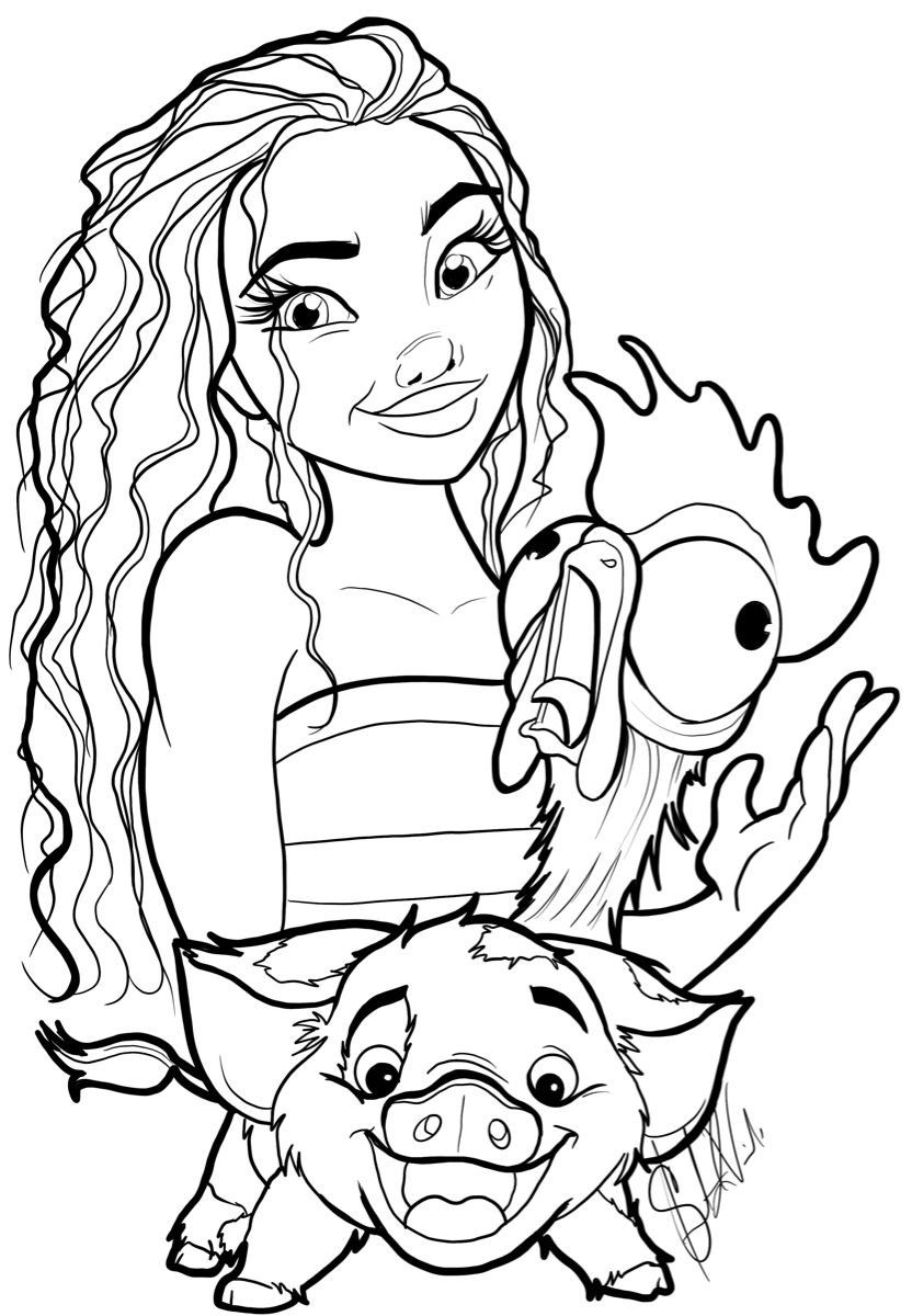 Desenho da Moana com seus amigos inseparáveis Heihei e Pua para imprimir e se divertir colorindo.