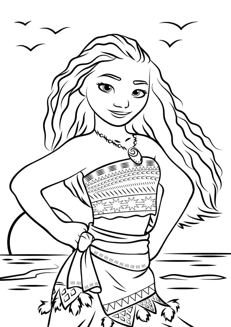 Desenho da Moana com longos cabelos, colar espiral e roupa tribal, no mar com o sol ao fundo, para imprimir e colorir.
