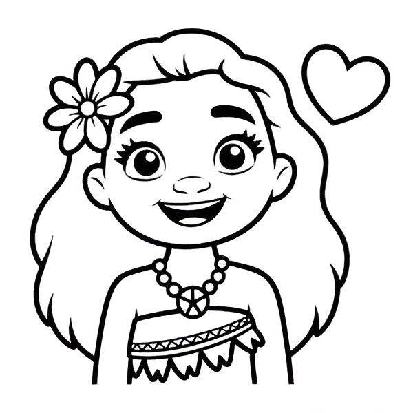 Desenho da Moana criança com flor no cabelo para imprimir e colorir.