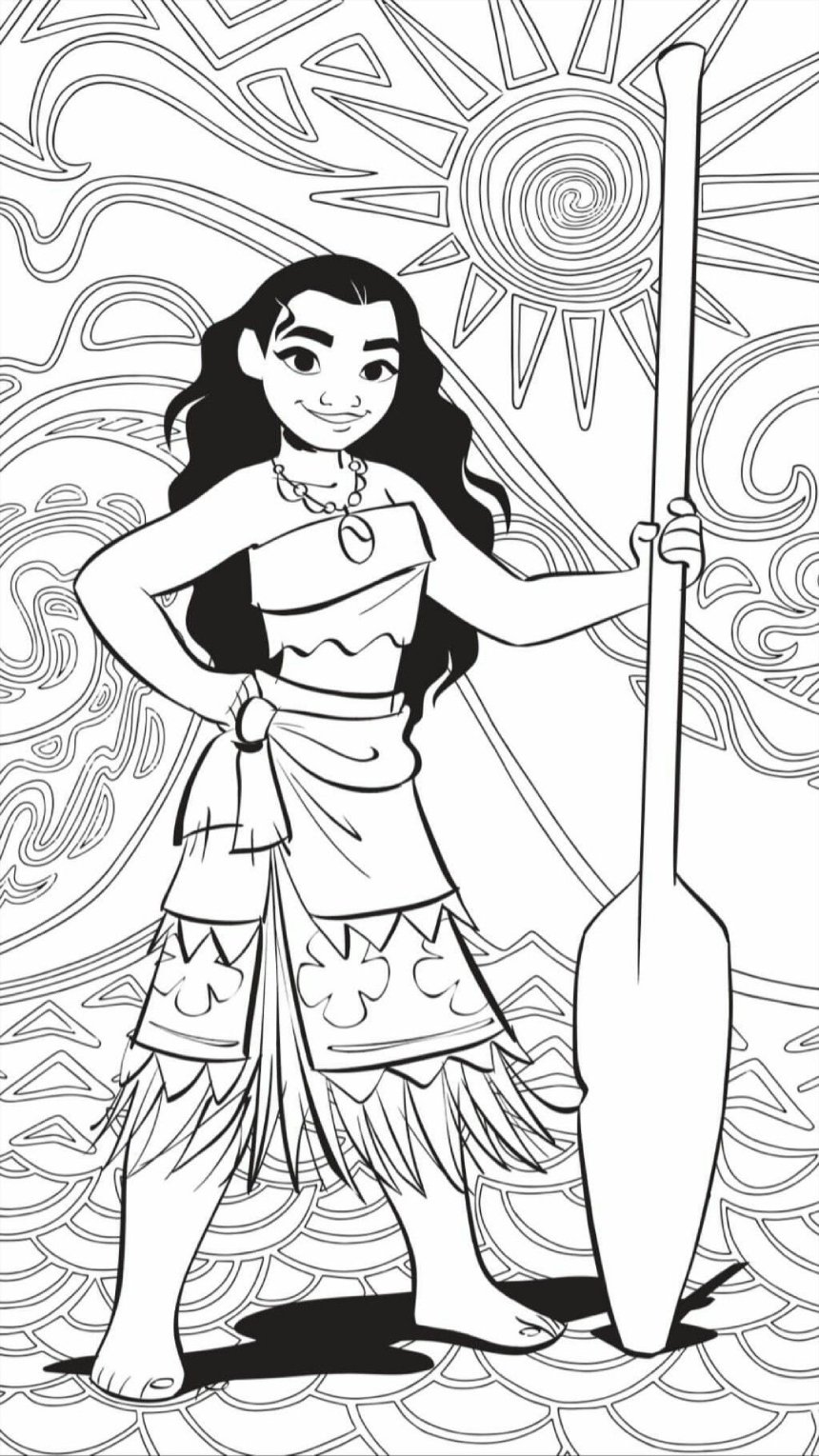 Desenho da Moana com seu remo, ondas do oceano e sol espiralado para imprimir e colorir.