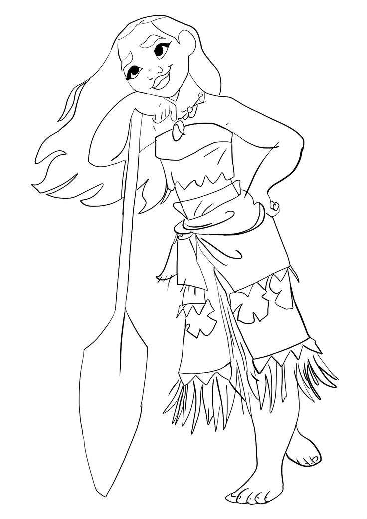Desenho da Moana, a princesa da Disney, segurando um remo, pronta para colorir e imprimir.