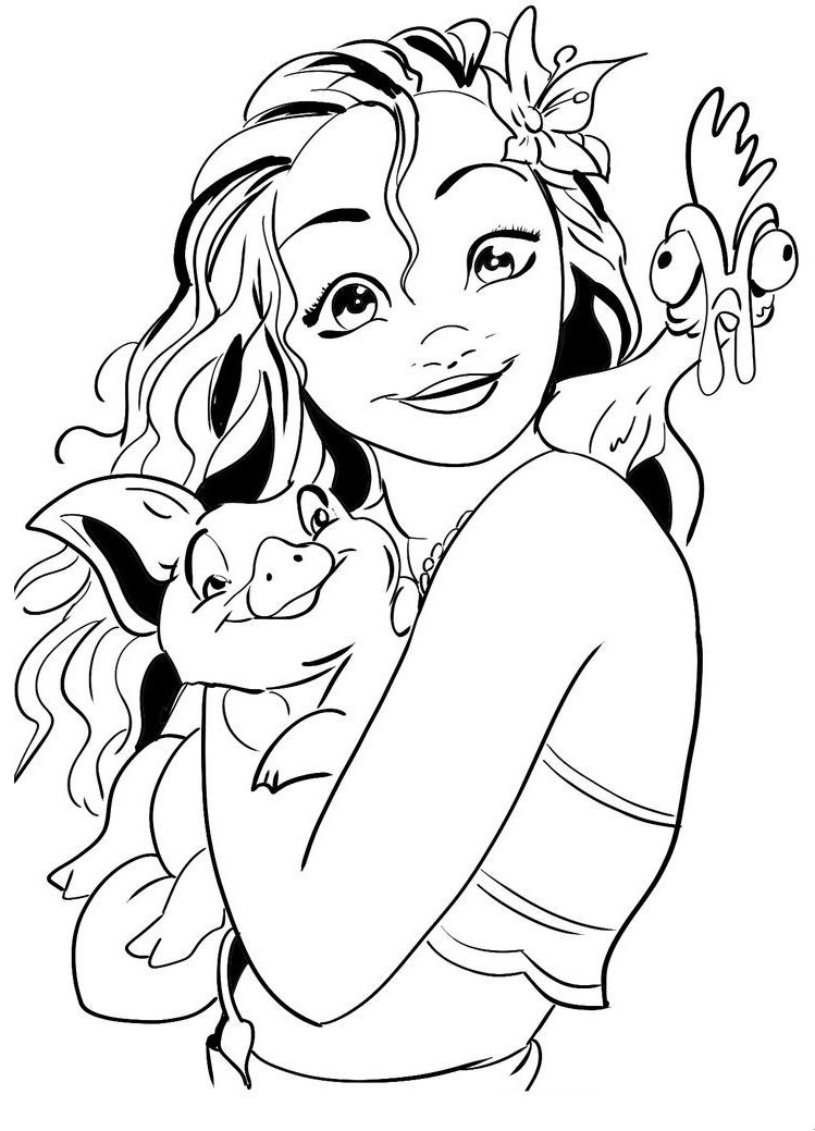 Desenho da Moana, Pua e Heihei em uma aventura mágica para imprimir e colorir.