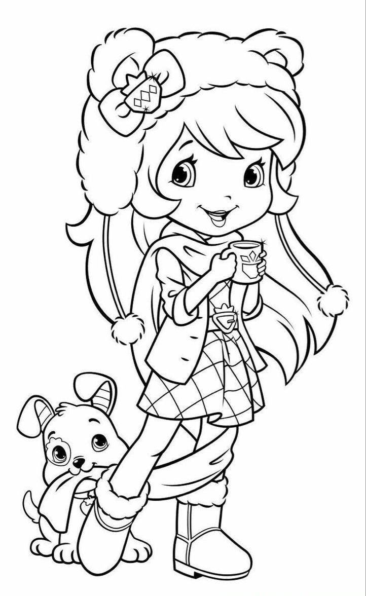 Desenho da Moranguinho de gorro, casaco, cachecol e um cachorrinho no inverno para imprimir e colorir.