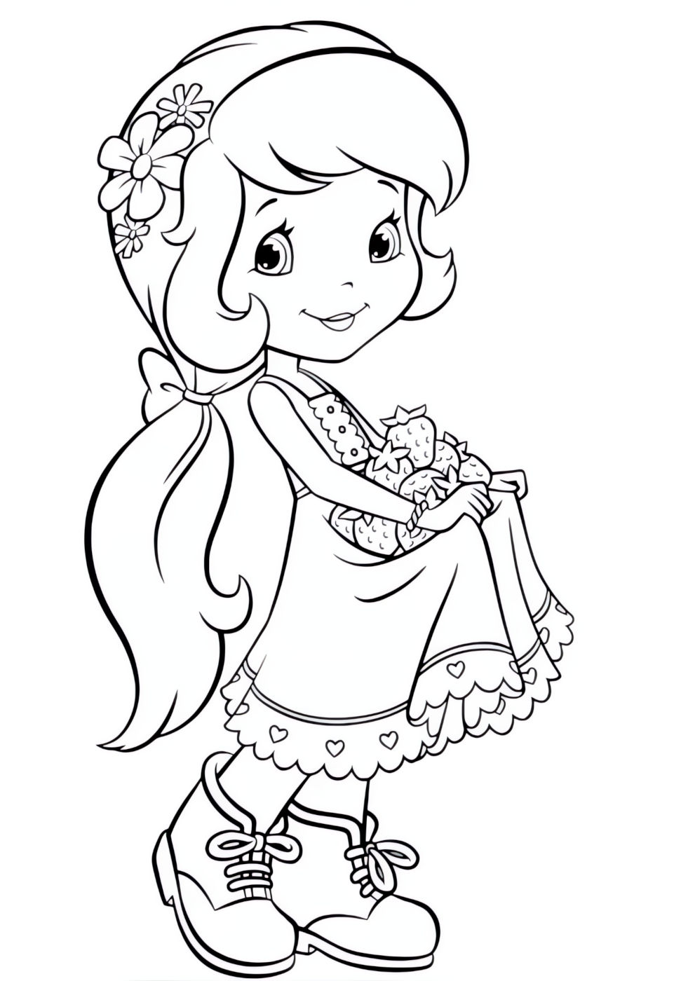 Desenho da Moranguinho com sua colheita de frutas para colorir e imprimir.