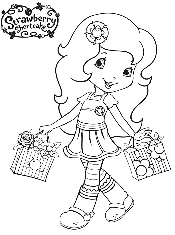 Desenho da Moranguinho, a charmosa boneca com cabelo ondulado, flor no cabelo e sacolas de maçãs e flores, pronta para imprimir e colorir.