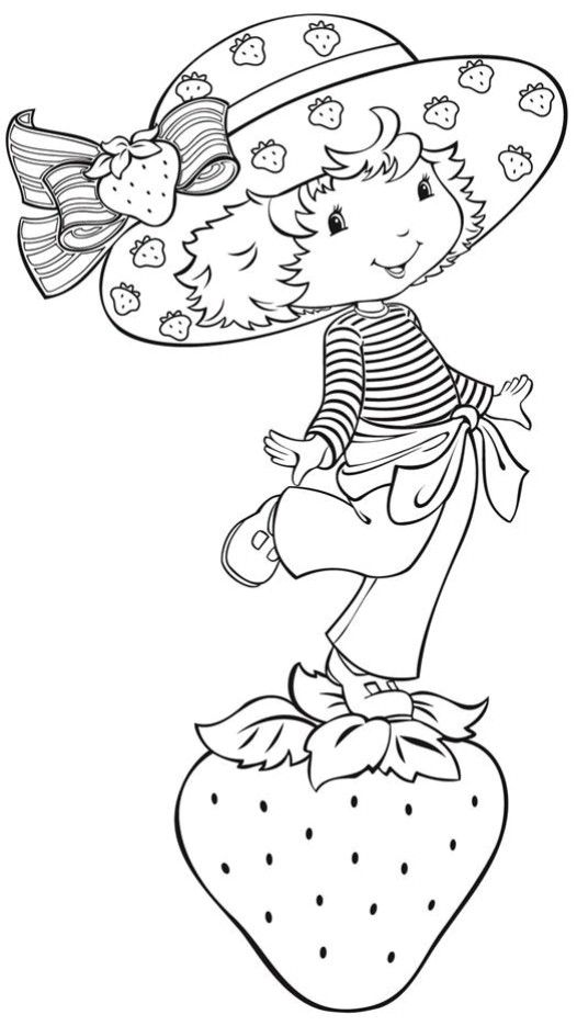 Desenho da personagem Moranguinho em cima em um morango, com seu chapéu característico e avental, para imprimir e colorir.