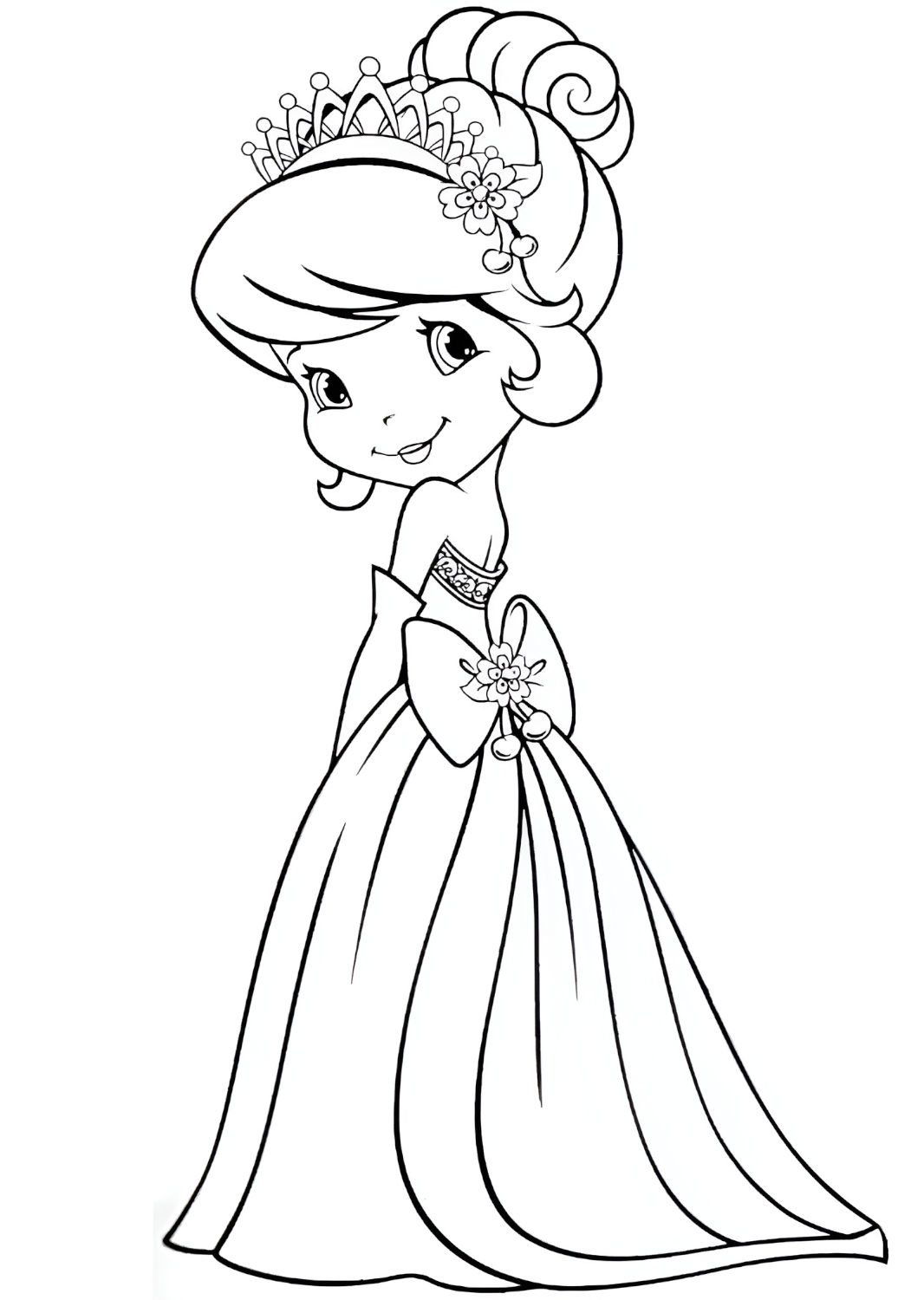 Desenho da Moranguinho vestida de noiva com vestido longo e tiara de flores para imprimir e colorir.