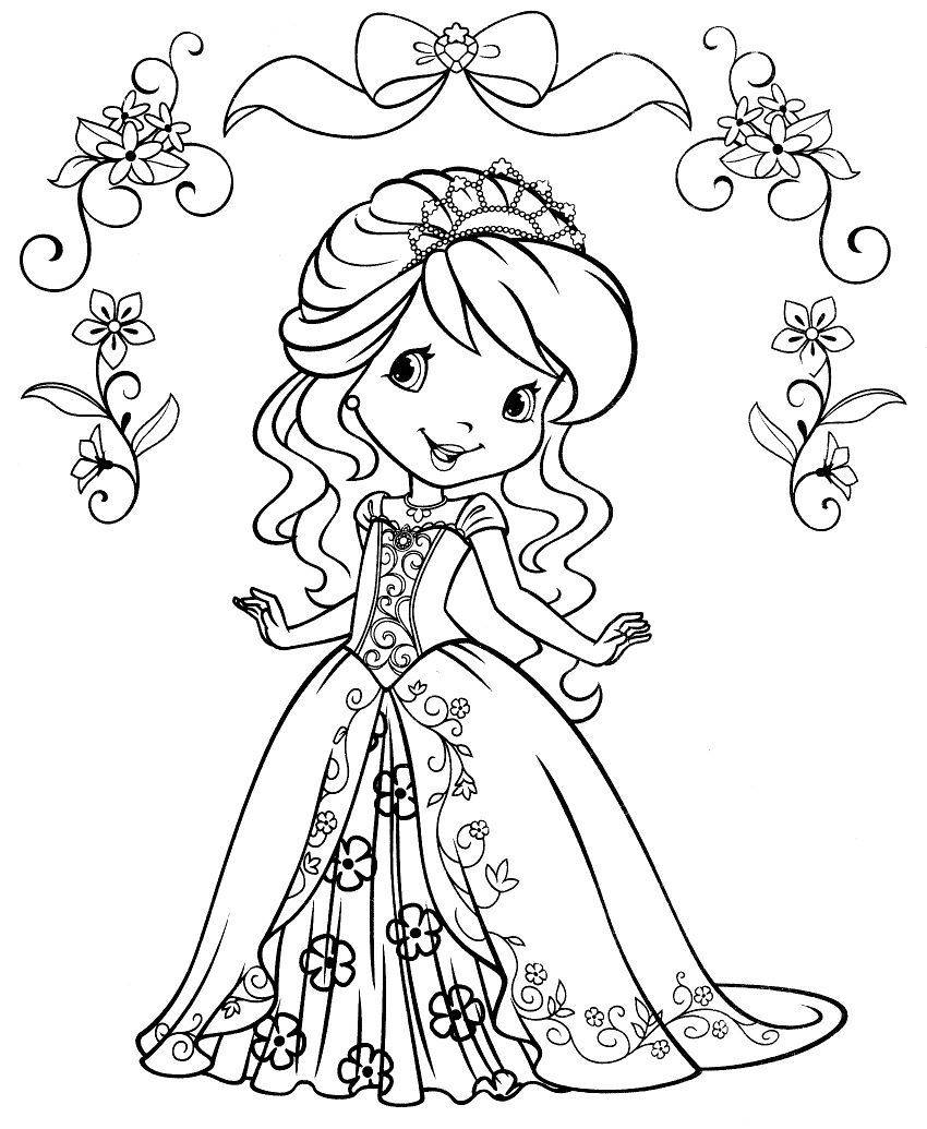 Desenho da Moranguinho como princesa, com vestido floral, coroa e brincos, cercada por flores e arabescos, pronta para colorir.