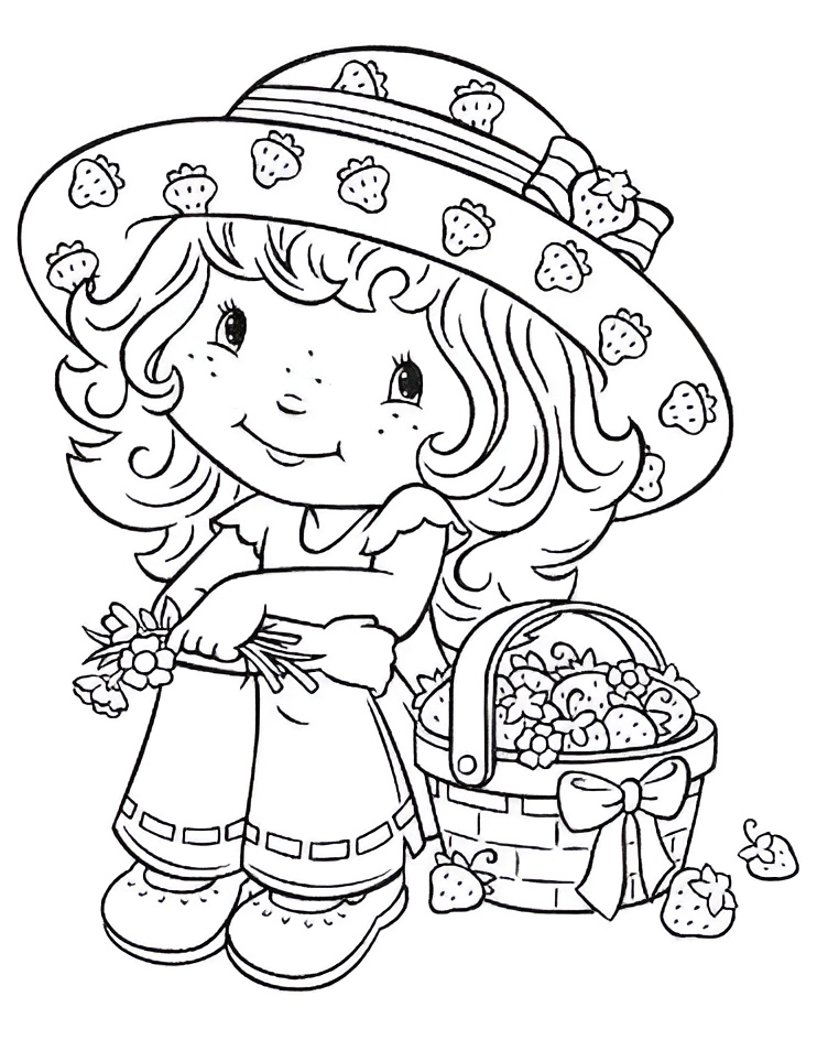 Desenho da Moranguinho sentada com cesta de frutas e flores para colorir e imprimir.