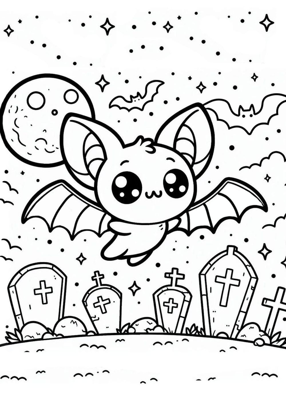Desenho de um morcego estilizado com lua, cemitério e tema de Halloween, para imprimir e colorir.