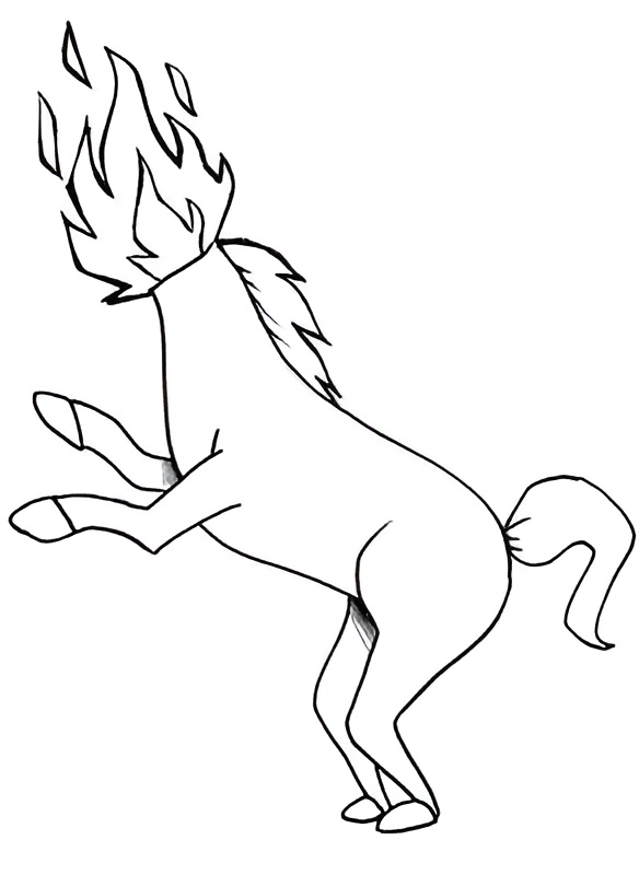 Desenho de uma mula sem cabeça com corpo de mula empinada com crina e rabo em chamas para colorir.