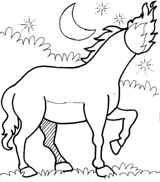 Desenho da Mula Sem Cabeça, criatura do folclore brasileiro, com corpo de cavalo e fogo no lugar da cabeça, para imprimir e colorir.