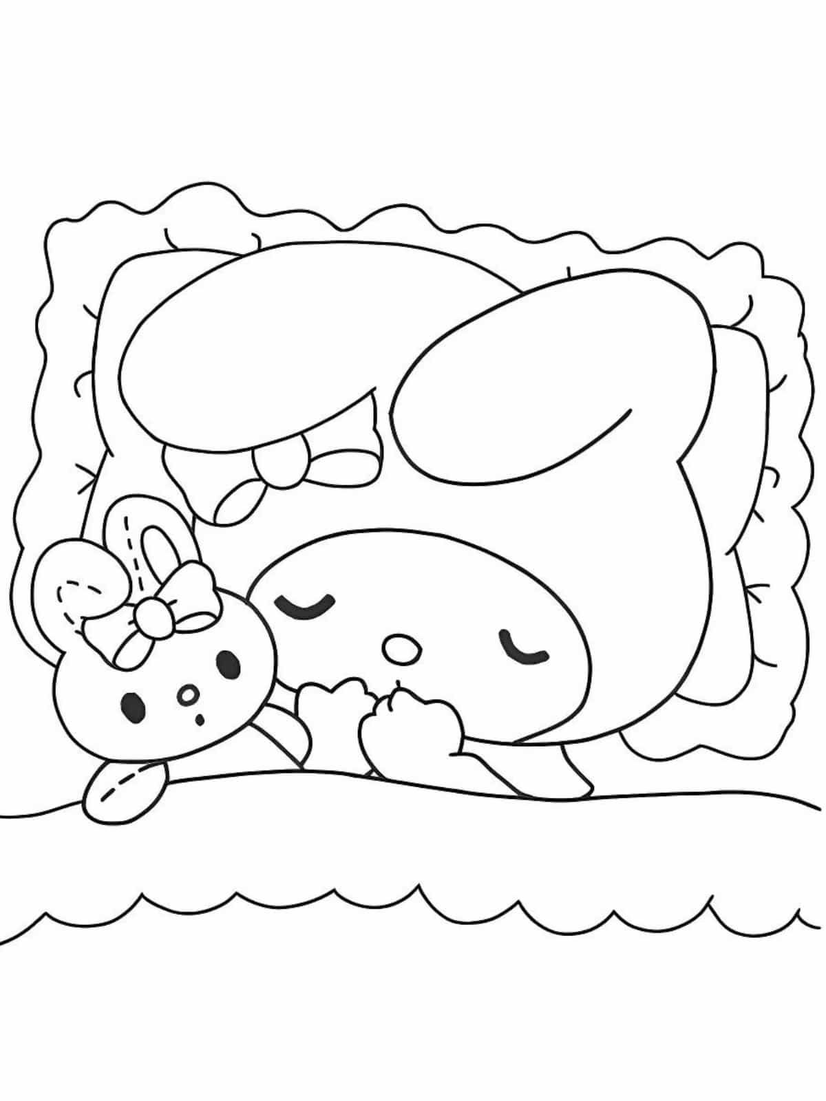 Desenho da My Melody dormindo com seu ursinho de pelúcia para imprimir e colorir.