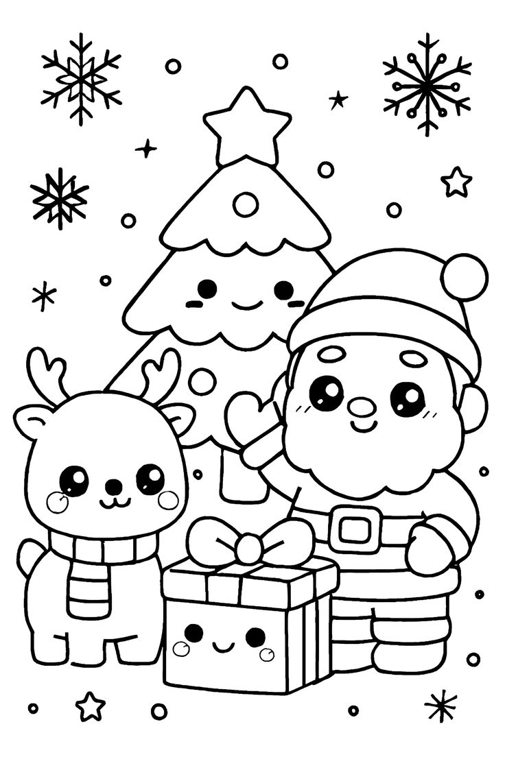 Desenho de Natal em estilo Kawaii com Papai Noel, rena, árvore de Natal e presente para imprimir e colorir.