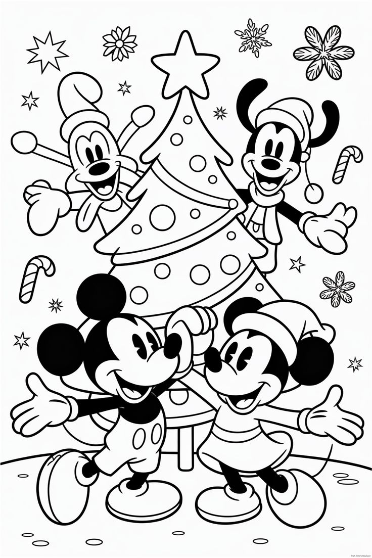 Desenho de Natal mágico com Mickey, Minnie, Pateta e Pluto para imprimir e colorir.