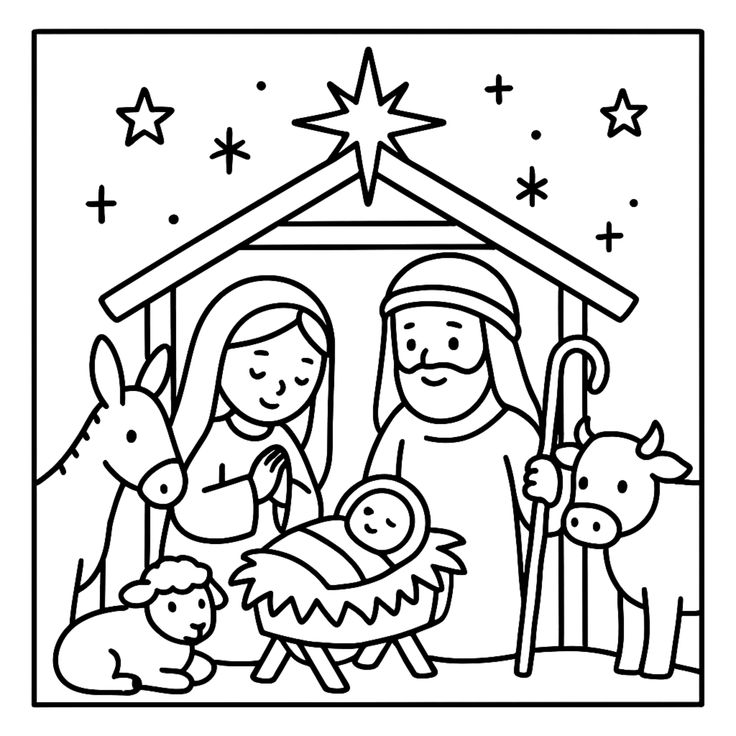 Desenho da Natividade com Maria, José, bebê Jesus, animais e Estrela de Belém para imprimir e colorir.