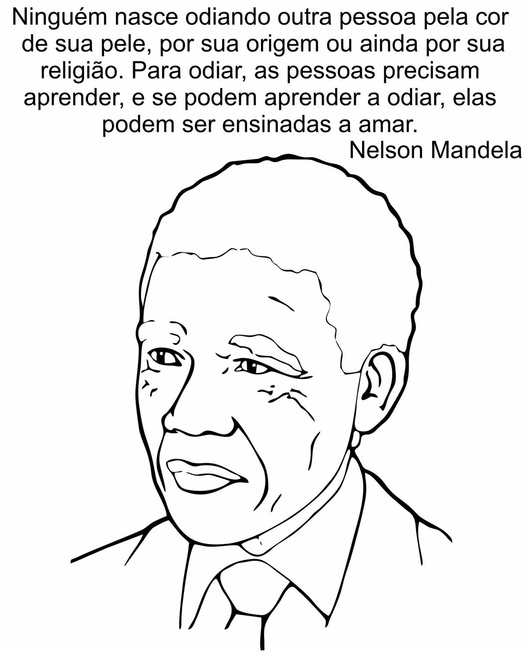 Desenho de Nelson Mandela em estilo cartoon, vestindo terno e gravata, para imprimir e colorir.