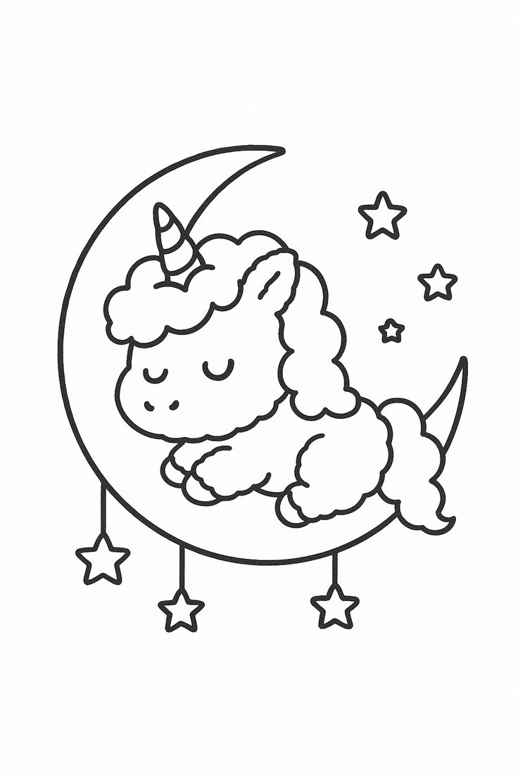 Desenho de Nuvecórnio bebê, um unicórnio de nuvens dormindo em uma lua crescente com estrelas, para imprimir e colorir.