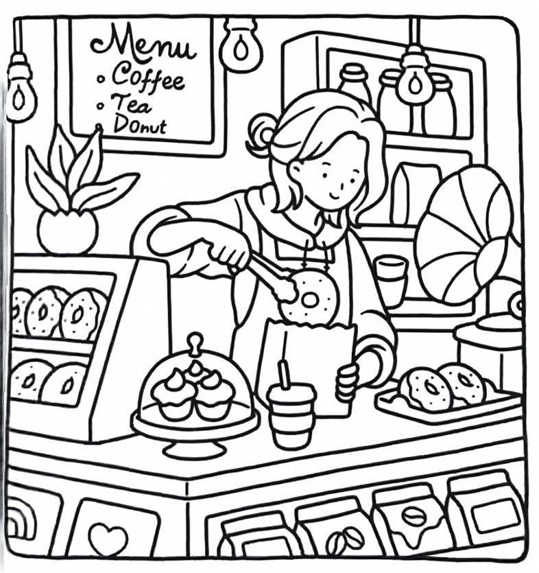 Desenho da lojinha de donuts O Segredo das Vovós com fachada charmosa, donuts apetitosos e clima acolhedor para imprimir e colorir.