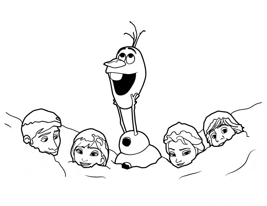 Desenho do Olaf de Frozen sorrindo com Elsa, Anna, Kristoff e Hans cobertos de neve para imprimir e colorir.