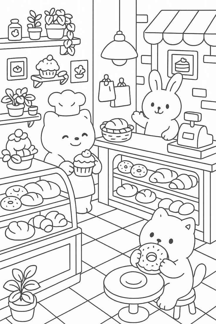 Desenho da Bobbie Goods de uma padaria com urso padeiro, coelho atendendo e gato comendo donut para imprimir e colorir.