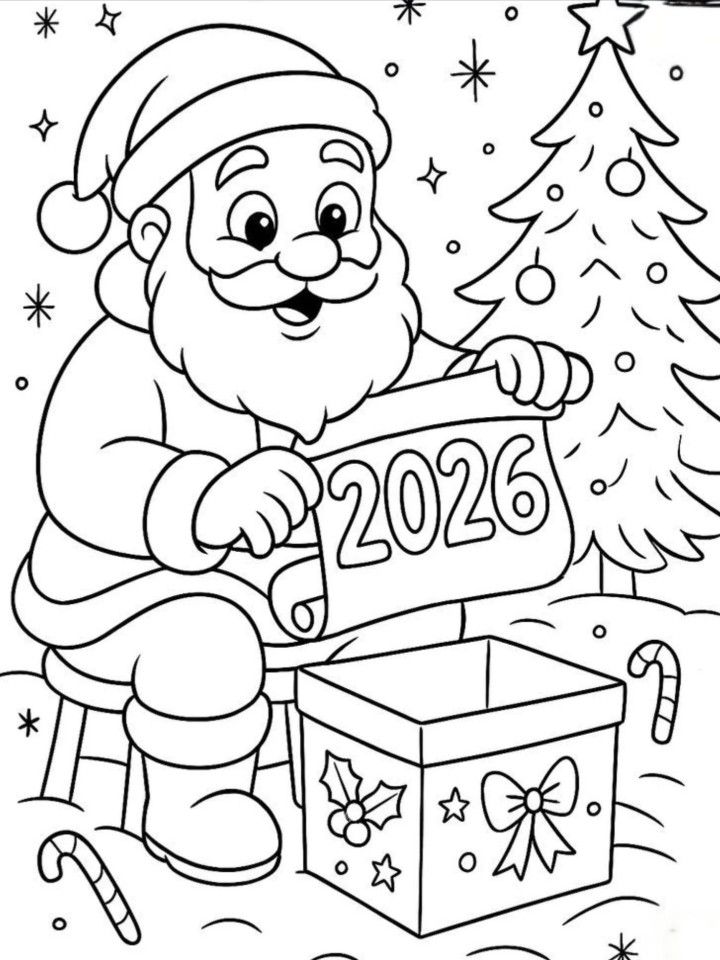 Desenho de Papai Noel feliz com árvore de Natal, presentes e o ano de 2026 para colorir e imprimir.