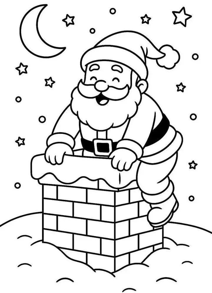 Desenho do Papai Noel descendo pela chaminé em noite de Natal para colorir e imprimir.