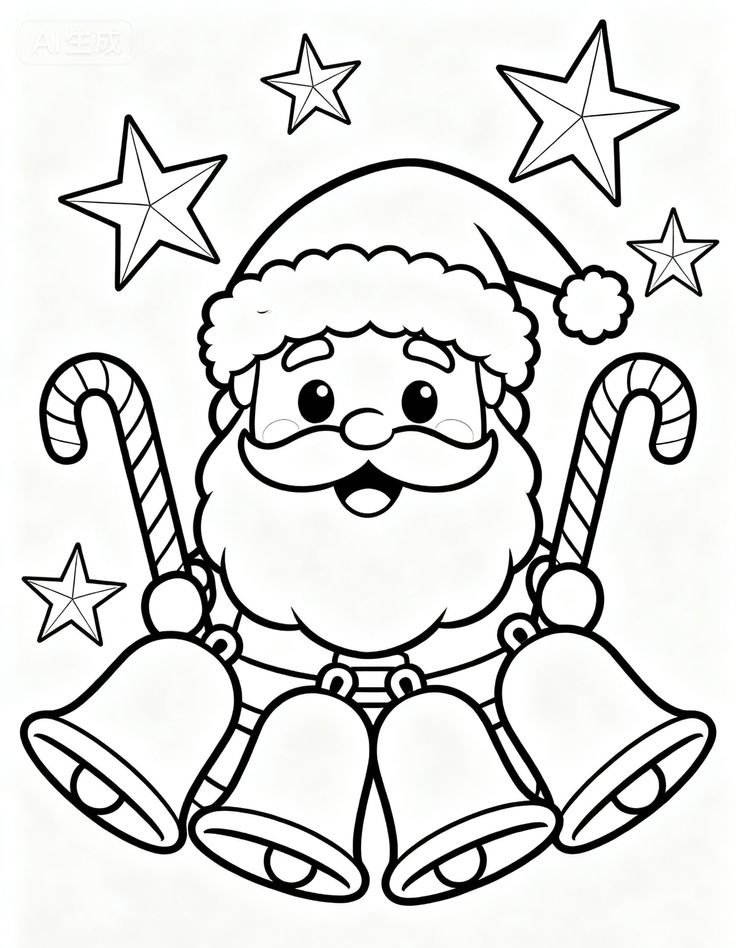 Desenho de Papai Noel sorrindo com barba fofa, chapéu natalino, bengala doce e sinos para imprimir e pintar.