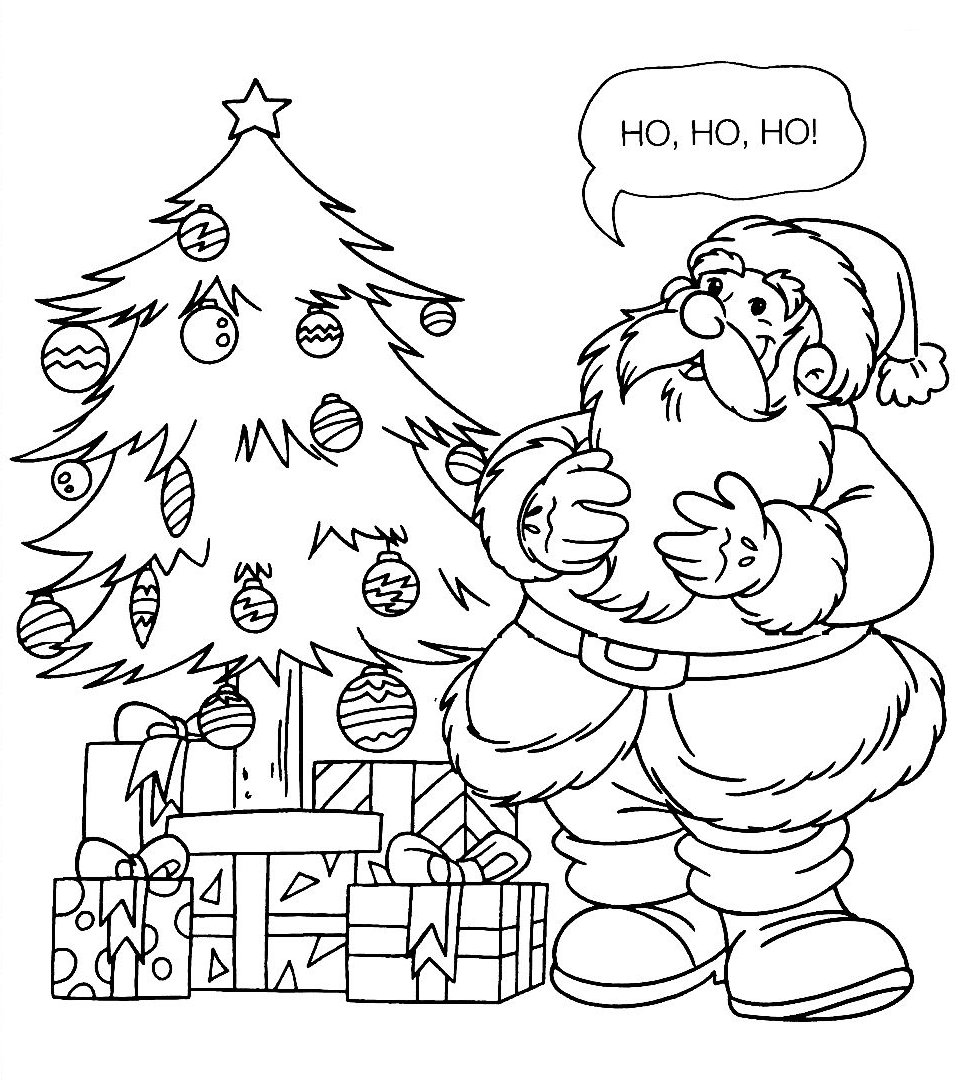 Desenho do Papai Noel sorrindo com árvore de Natal decorada, presentes e balão de fala 'Ho Ho Ho' para imprimir e colorir.