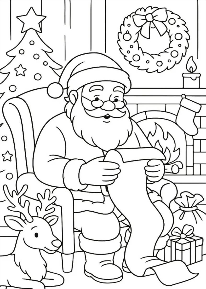 Desenho de Papai Noel lendo a lista com rena Rudolf, presentes, lareira e árvore de Natal para colorir e imprimir.
