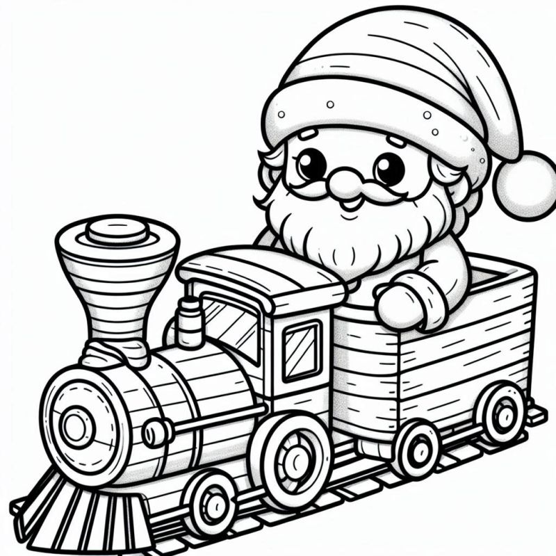 Desenho de Papai Noel no trem com gorro, barba e locomotiva para colorir no Natal.