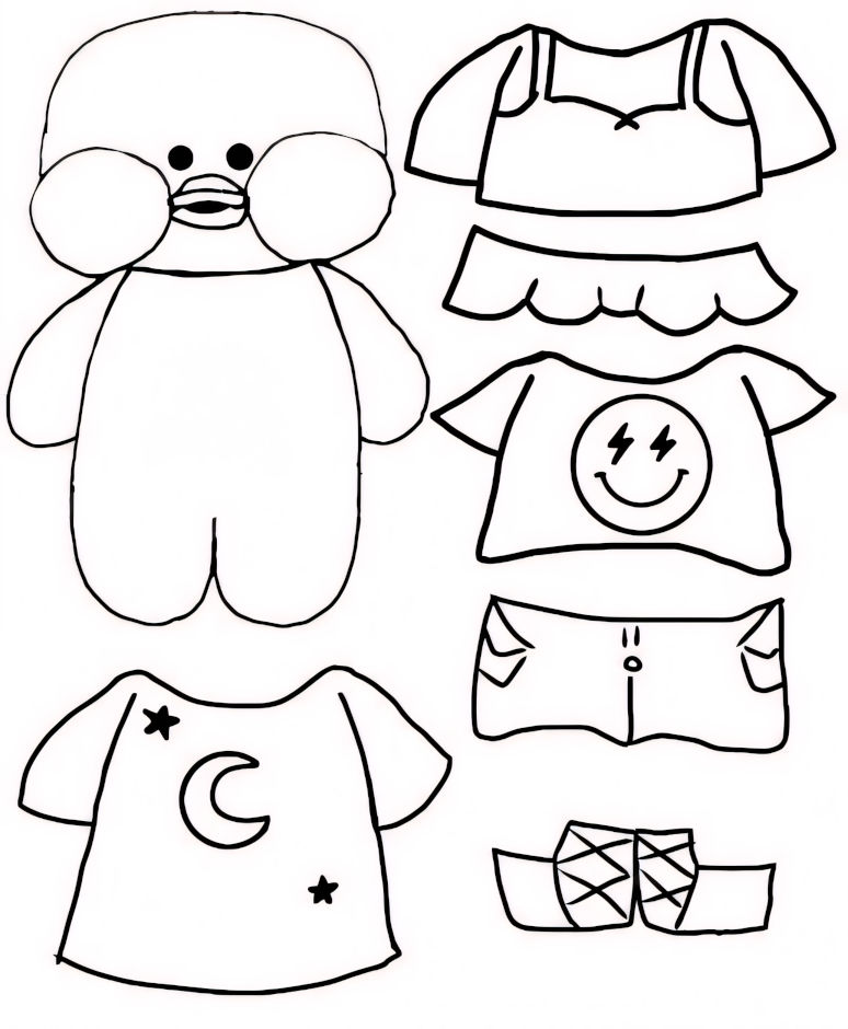 Desenho de Paper Duck com roupas e acessórios casuais para colorir e customizar.