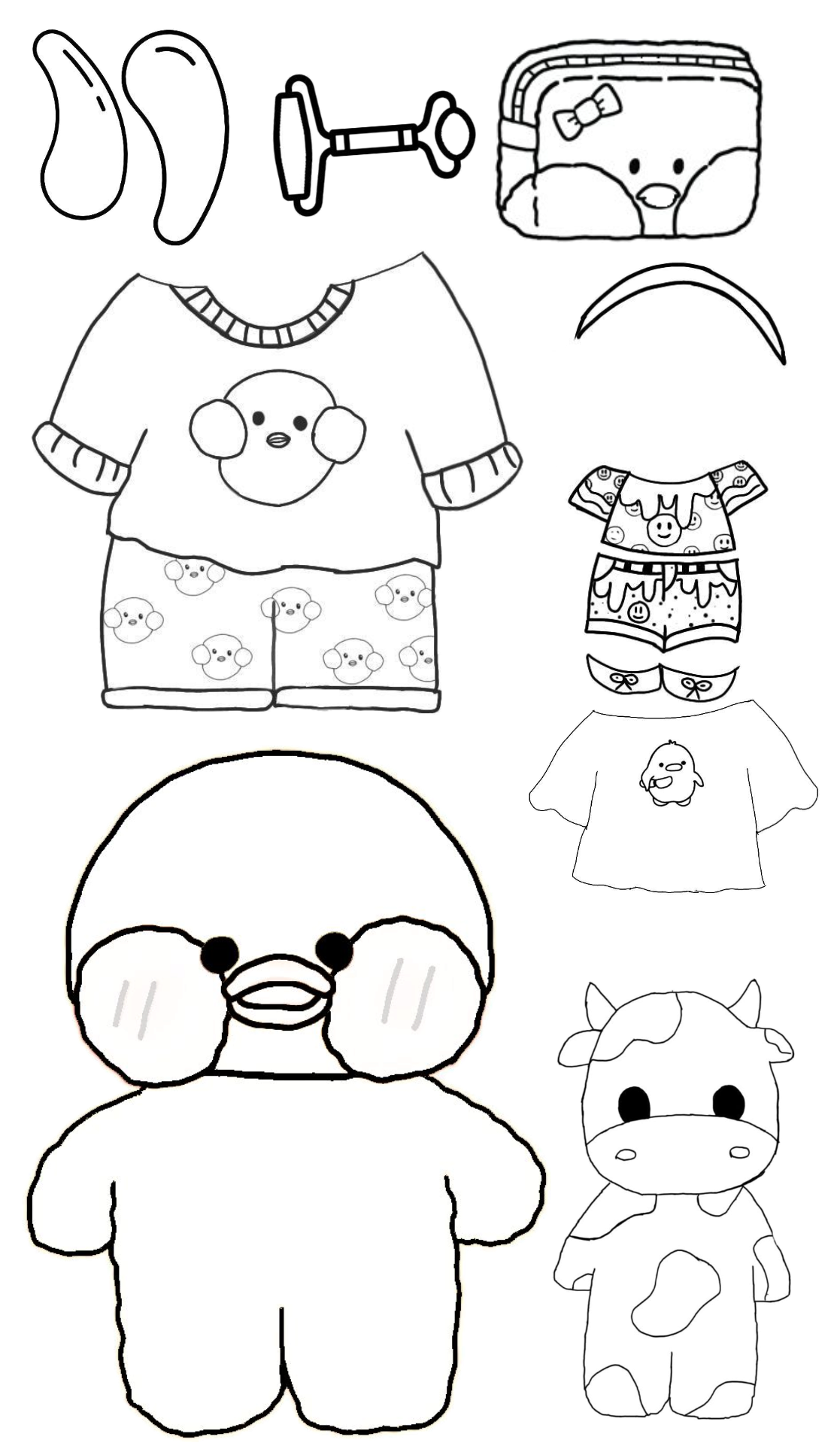 Desenho de Paper Duck com pijamas, tiara, máscara de sono, massageador e fantasia de vaca para colorir.