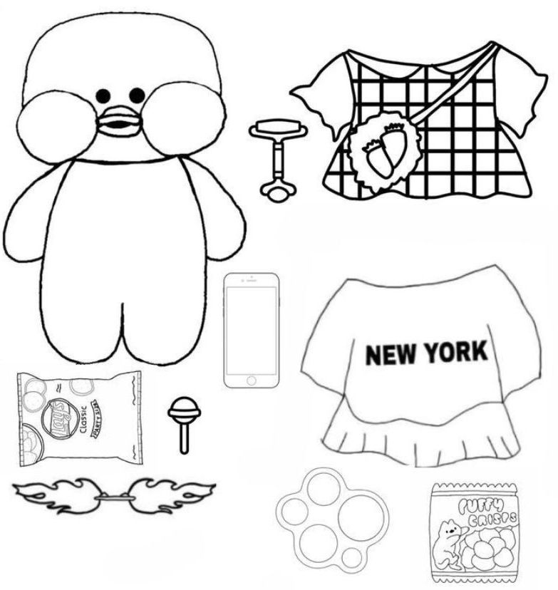 Desenho de Paper Duck fashion com roupas, óculos de sol, celular e acessórios para colorir e montar.