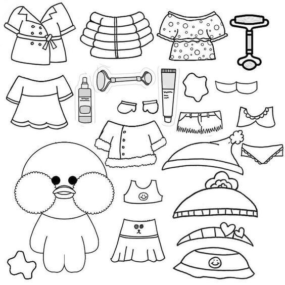 Desenho Paper Duck com roupas, chapéus, óculos, creme e itens de beleza para colorir.