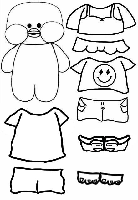 Desenho de Paper Duck com roupas casuais para colorir, recortar e customizar.