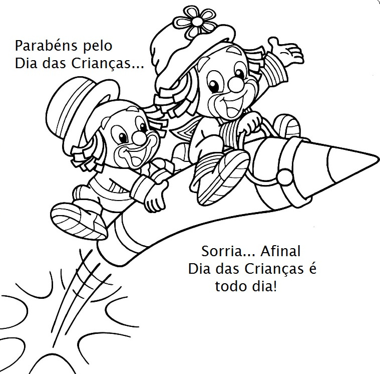 Desenho do Patati e Patatá felizes em um foguete de brinquedo com fumaça e mensagem do Dia das Crianças para colorir.