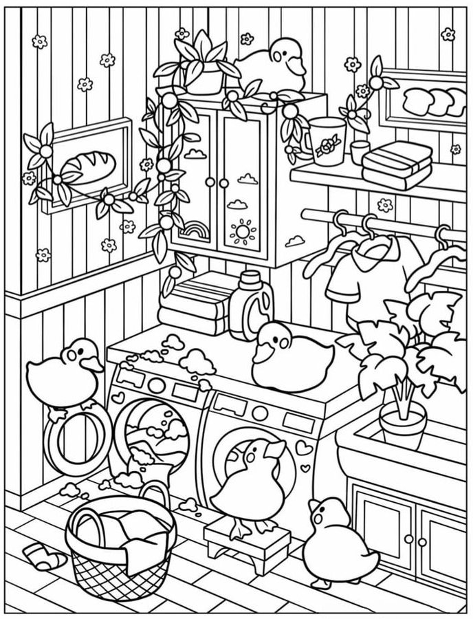 Desenho de patos fofos com corpos arredondados em uma lavanderia cheia de máquinas, cestos e roupas para colorir.