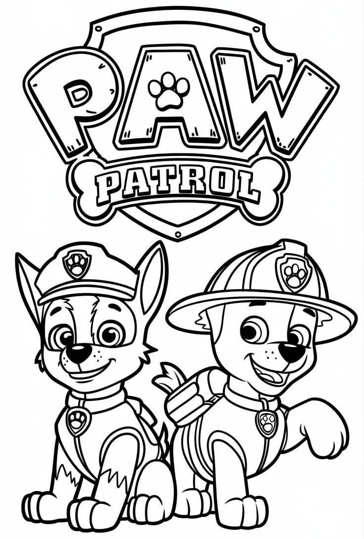 Desenho para colorir da Patrulha Canina com Chase e Marshall para imprimir e pintar.