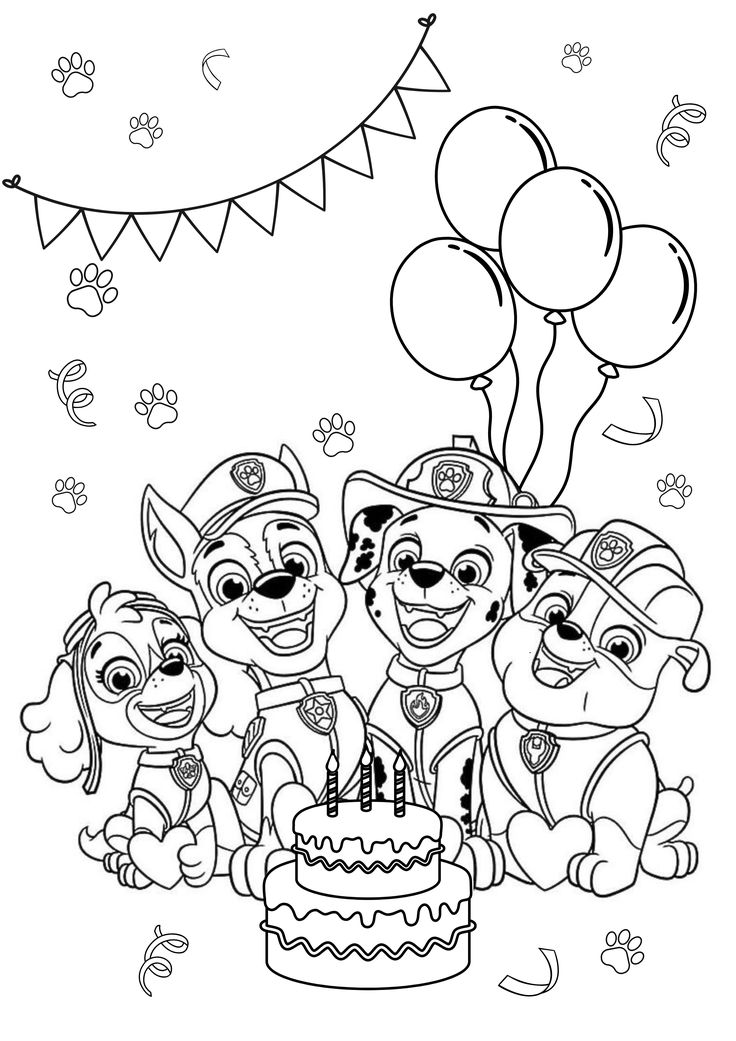 Desenho da Patrulha Canina com Rubble e amigos em uma festa de construção para imprimir e colorir.