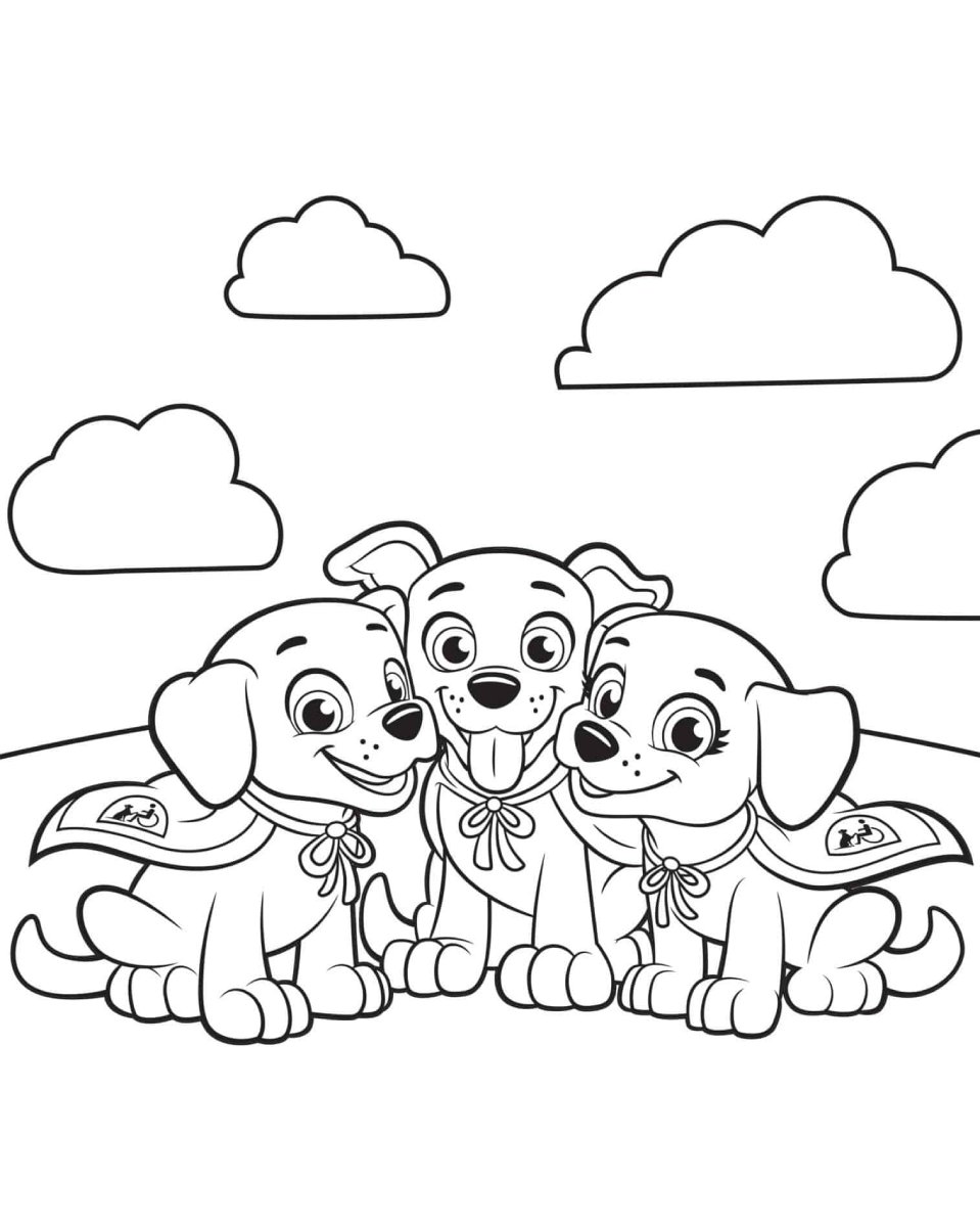 Desenho da Patrulha Canina com três filhotes fofos, com coleiras e capas, em um cenário de colinas e nuvens para imprimir e colorir.