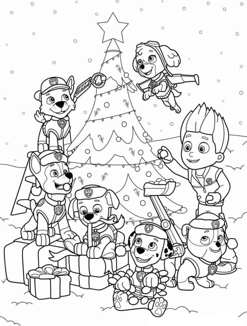 Desenho da Patrulha Canina celebrando o Natal com Ryder, filhotes, árvore decorada, presentes e neve para colorir.