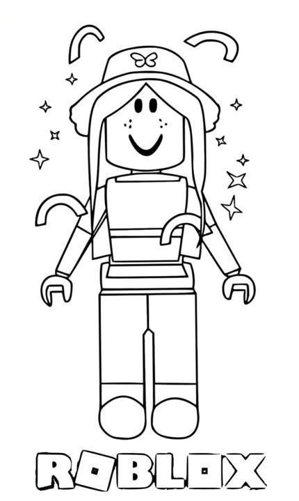 Desenho de personagem feminina do Roblox com chapéu de borboleta, brincos e estrelas para colorir e imprimir.