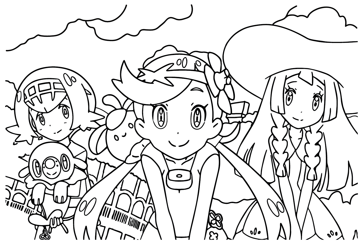 Desenho de um grupo de personagens Pokémon com nuvens ao fundo para imprimir e colorir.