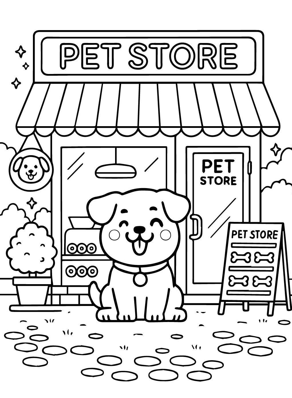 Desenho de uma pet shop com um cachorro fofo na frente, pronto para ser colorido e dar vida à cena.