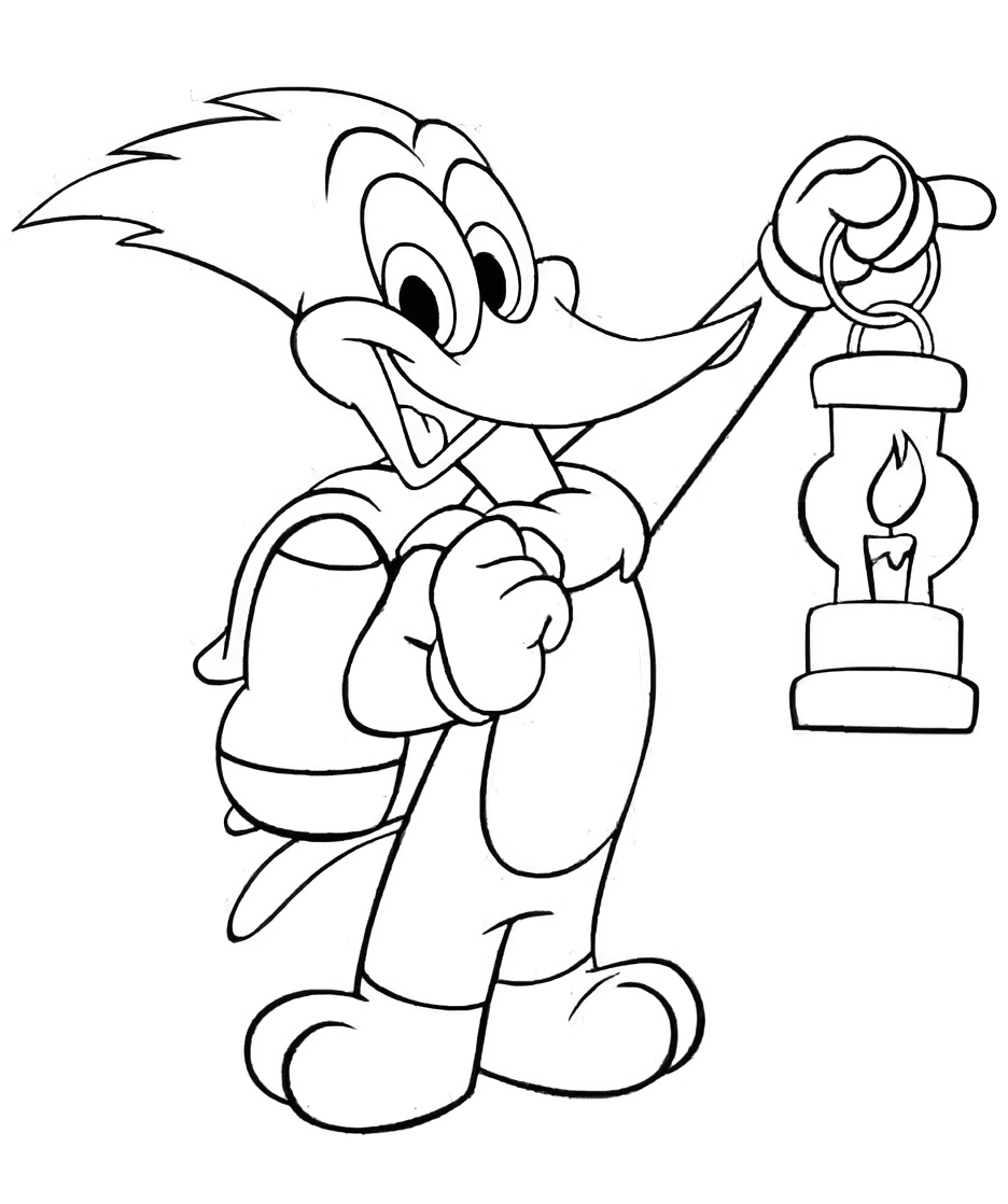 Desenho do Pica Pau Aventureiro segurando uma lamparina acesa, pronto para colorir e se divertir com essa aventura!