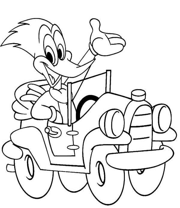 Desenho do Pica-Pau em estilo cartoon, dirigindo um carro antigo com faróis grandes, acenando e pronto para imprimir e colorir.